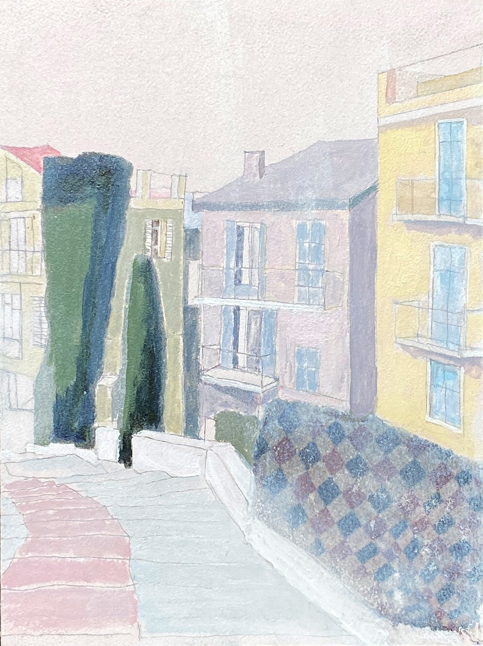 Walking in Cannes, Acryl/ Holz und Collage, 24 x 18 cm, 2023 © Agnes Christine Katschner