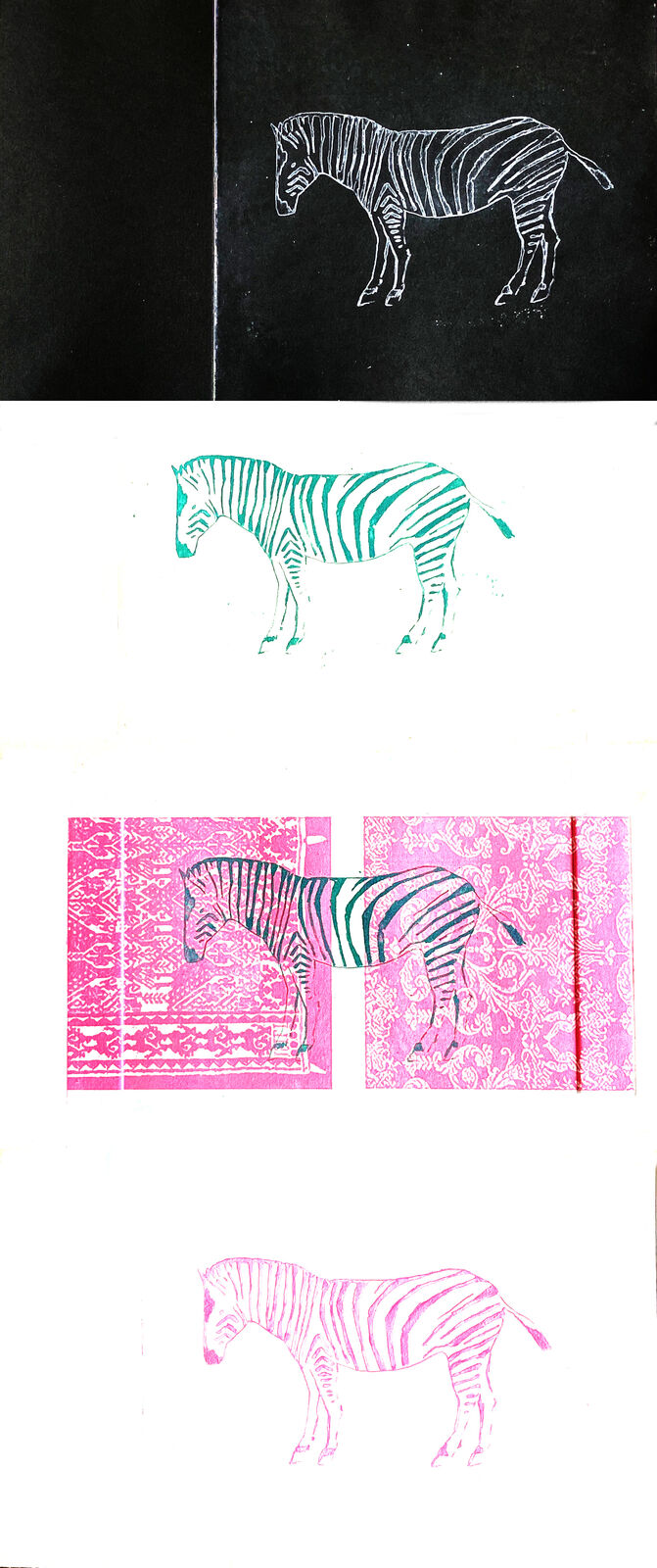 Sad Zebra (variations), Intagliotypie (Polymer-Print), je 20 x 20 cm, 2023 © Agnes Christine Katschner