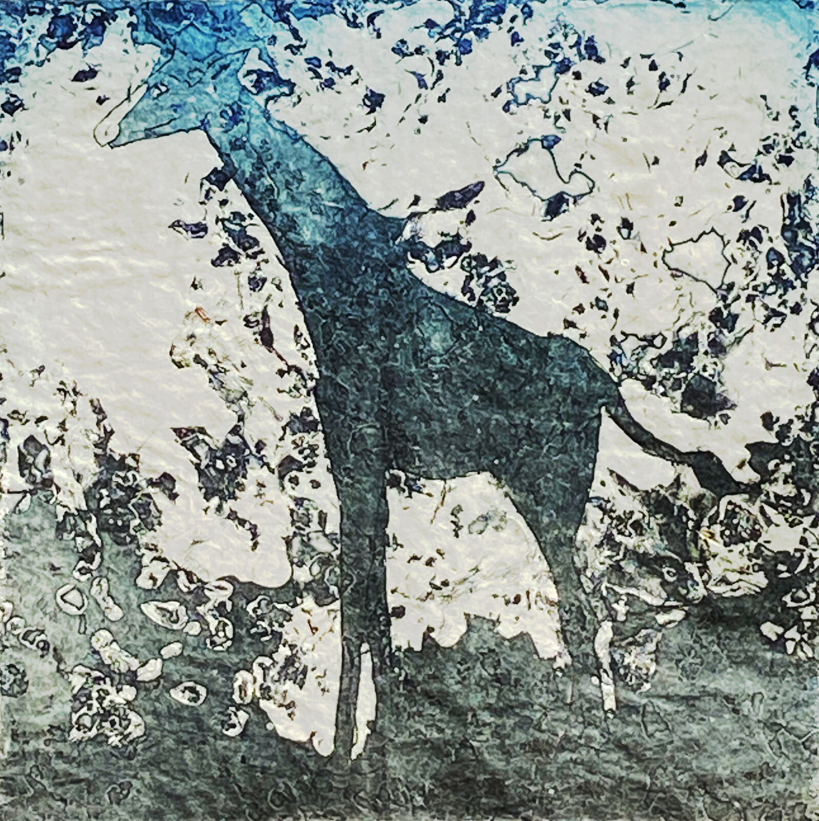 Jirafa azul, Radierung mit Aquatinta und Jaspeado (Marmorierung) 20 x 20 cm, 2022 © Agnes Christine Katschner