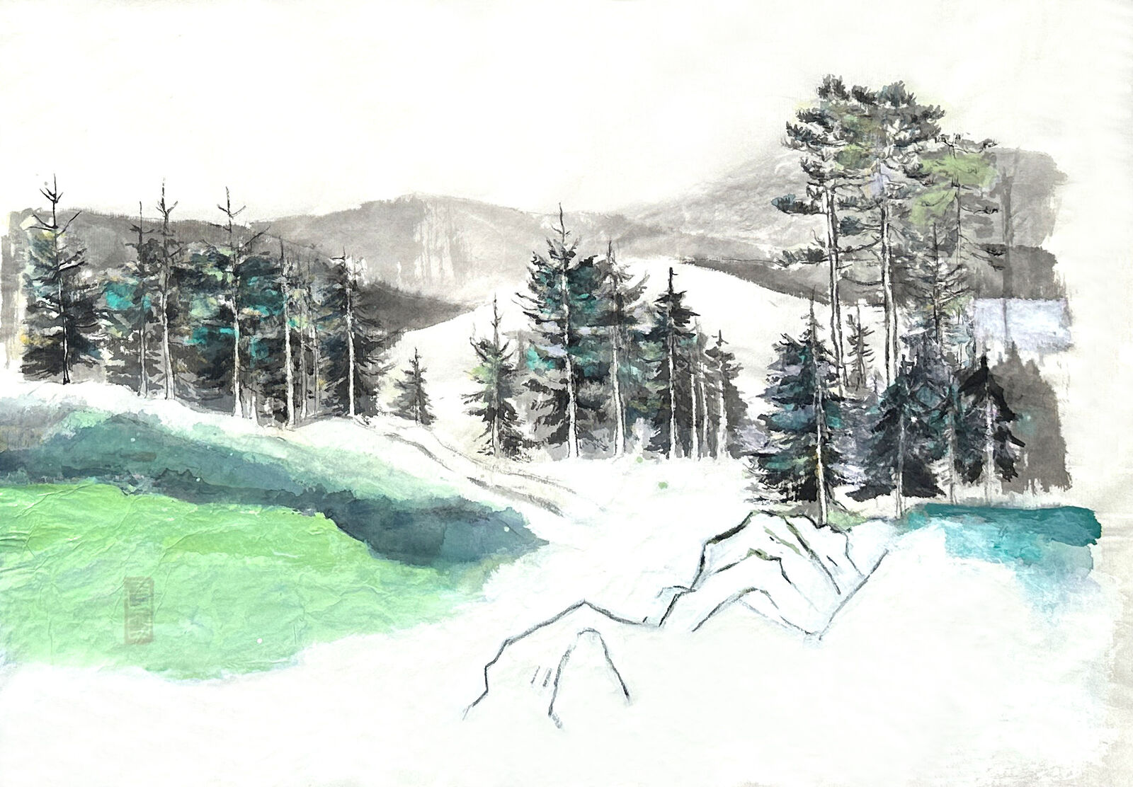 Seedballs Schöckl, Chinesische Tuschemalerei auf Xuan Papier, 31 x 41 cm, 2025 © Agnes Christine Katschner
